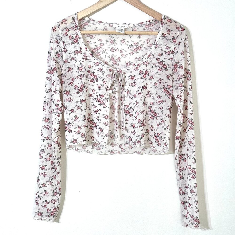 Y2K Rose Floral Mesh Cropped Top Tie Front Sheer Lettuce Hem Cardigan Coquette